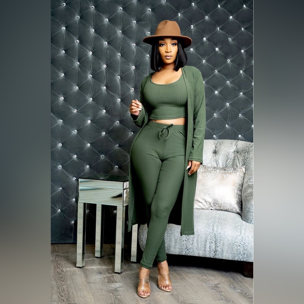 Brooke Ribbed Cardigan and Long Pants  3 Piece Set